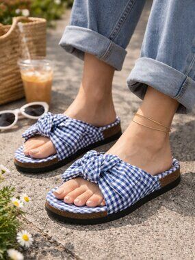 Blue Picnic Gingham Bow Slide Sandals